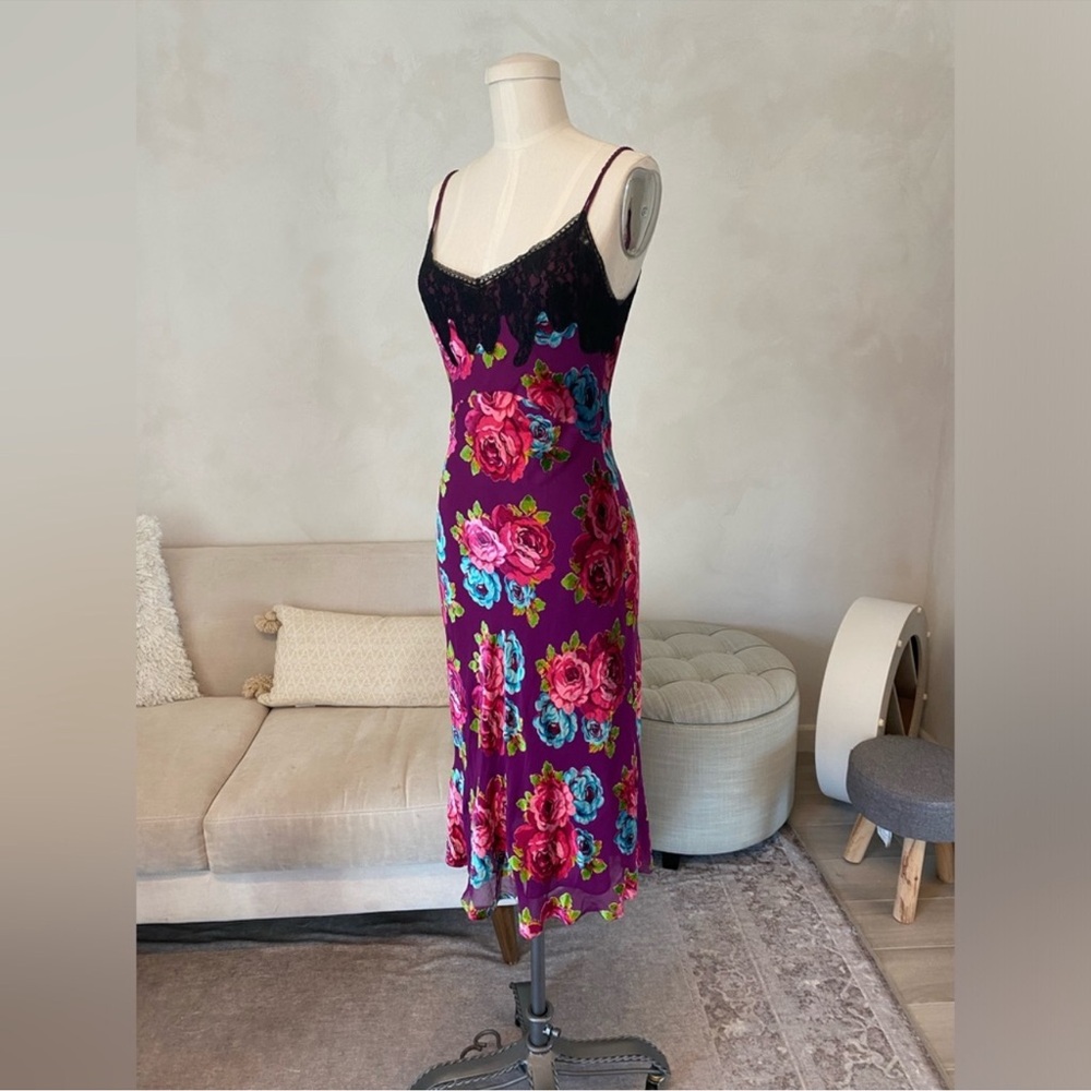 Y2K 2000s BETSEY JOHNSON PURPLE VELVET BURNOUT FLORAL BIAS CUT DRESS Size 8 Silk